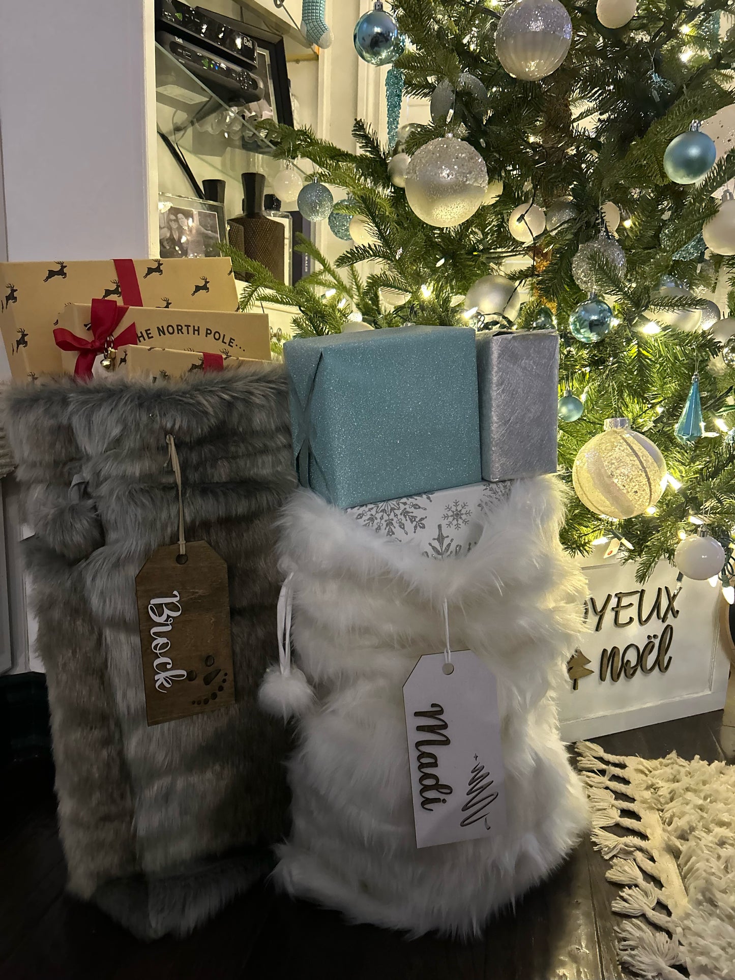 Faux Fur Christmas Sacks with Personalized Wood Tags