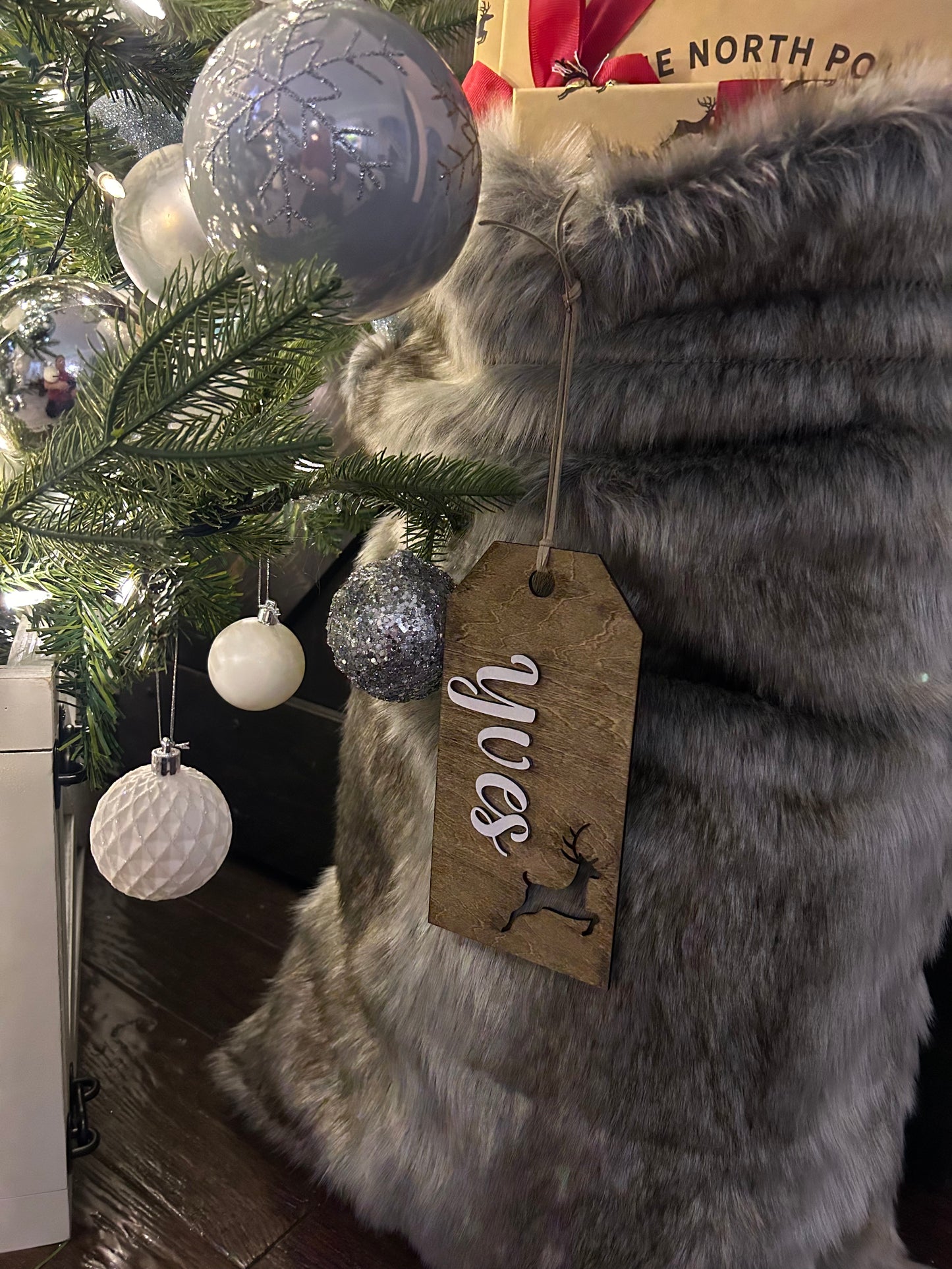 Faux Fur Christmas Sacks with Personalized Wood Tags