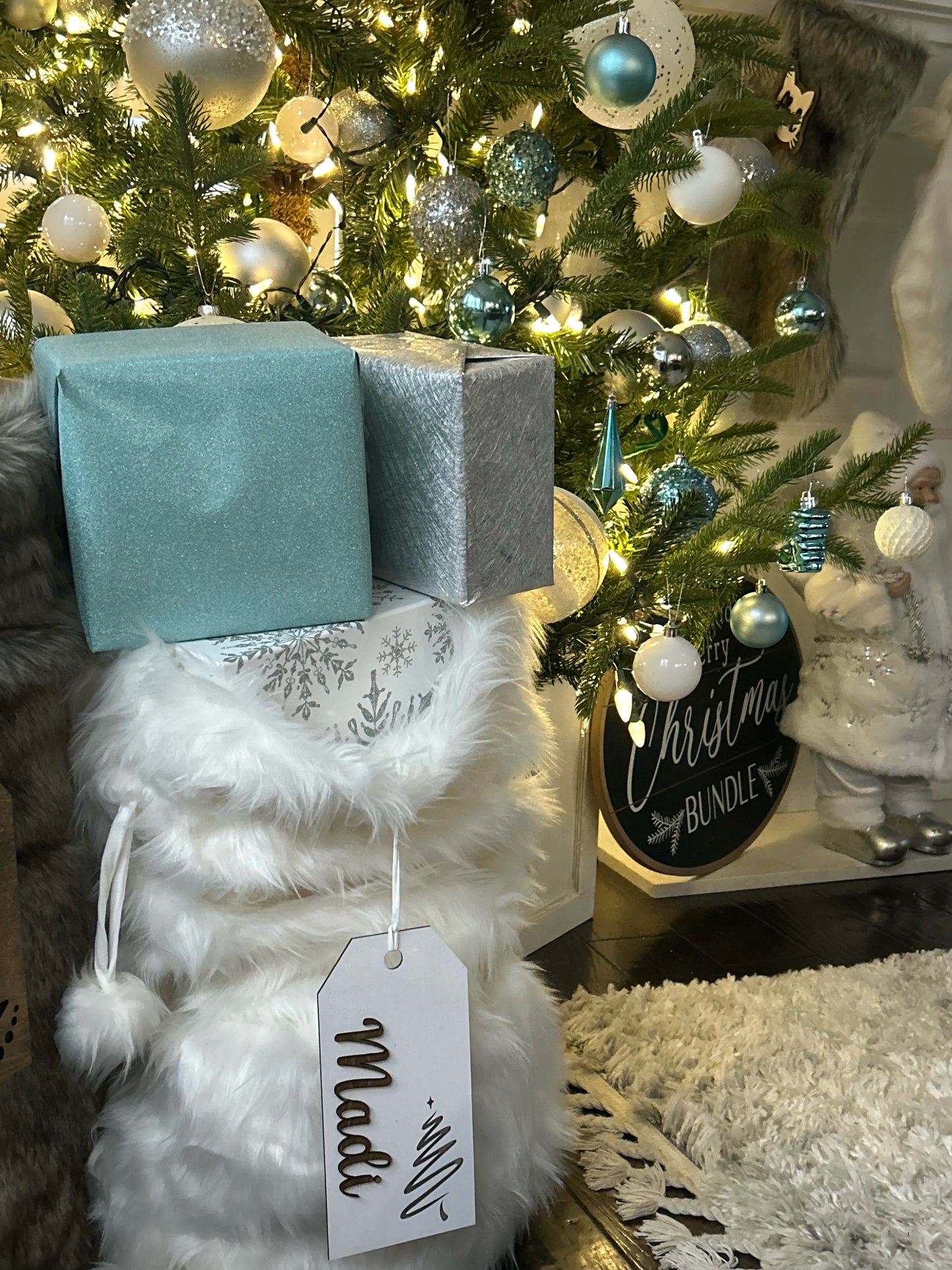 Faux Fur Christmas Sacks with Personalized Wood Tags