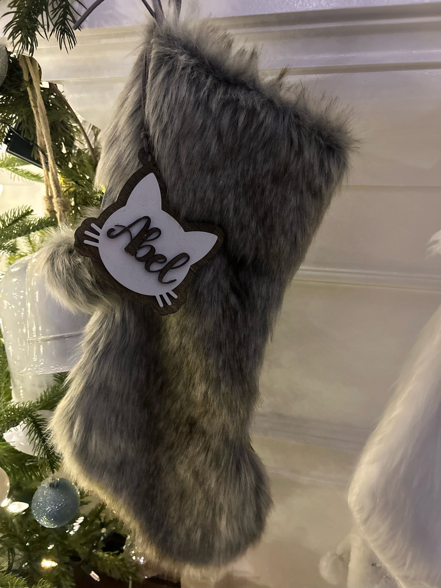 Faux Fur Christmas Stockings With Personalized Wood Tag