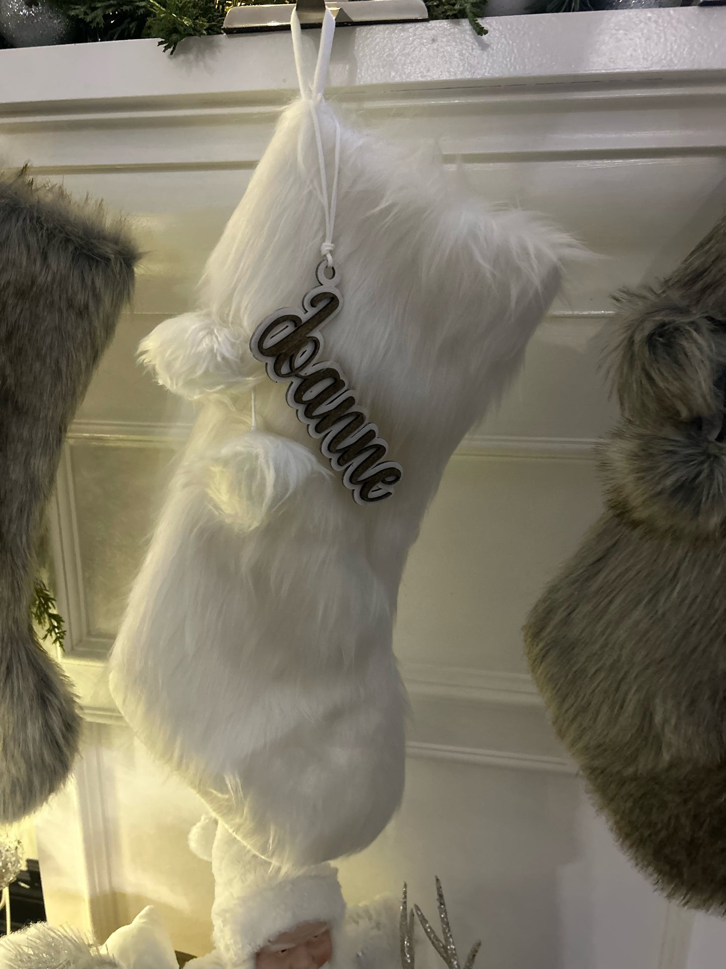 Faux Fur Christmas Stockings With Personalized Wood Tag