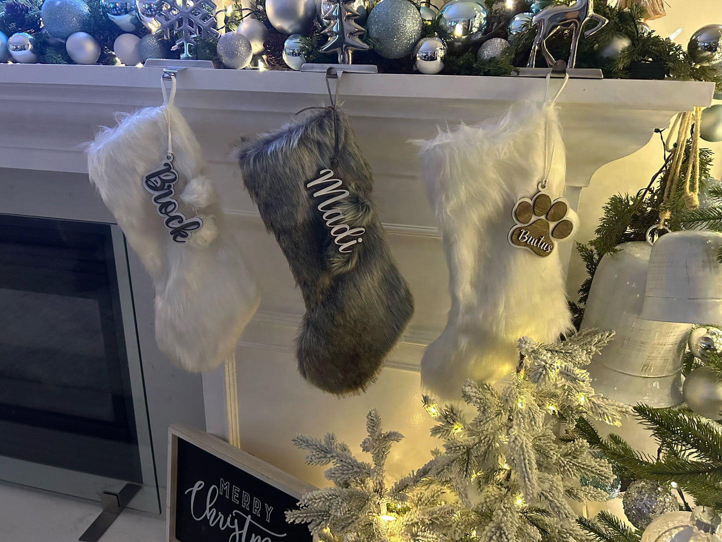 Faux Fur Christmas Stockings With Personalized Wood Tag